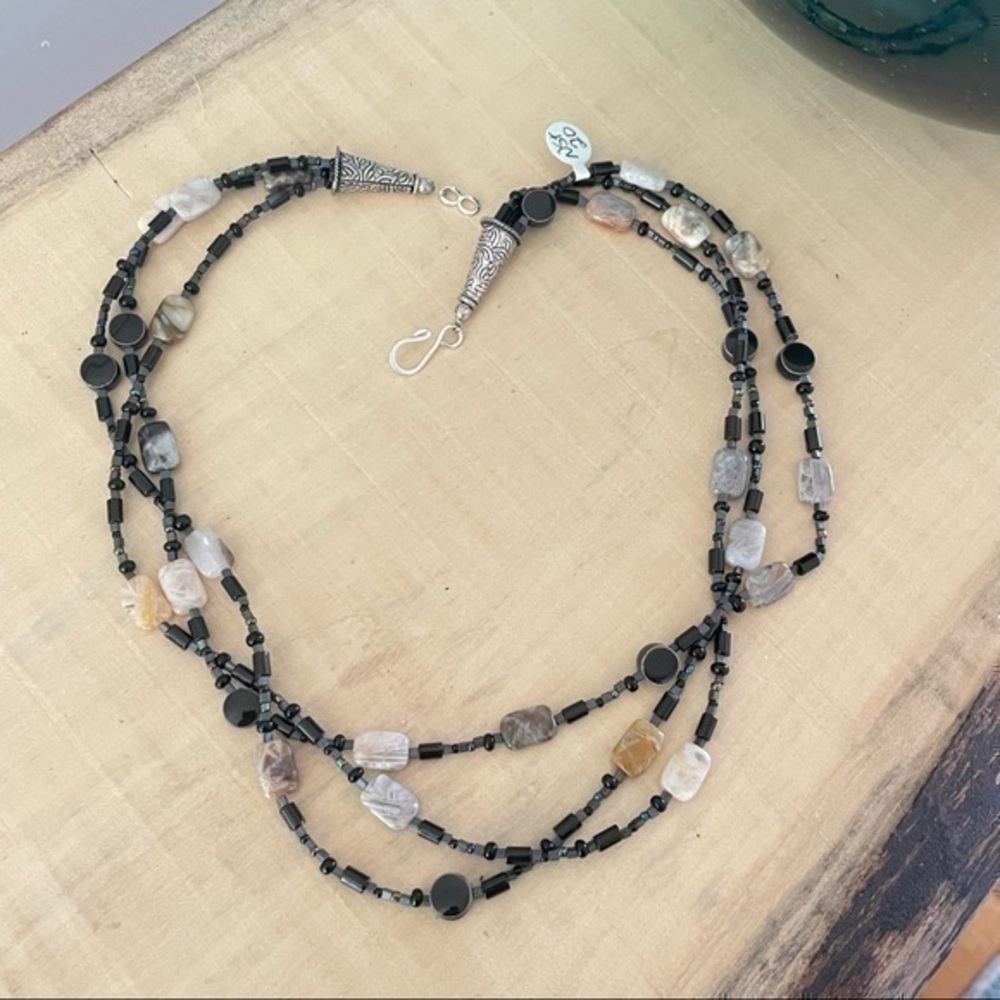 $49 SALE Handmade Bamboo Stone Bead Layer Long Black Glass Statement Necklace